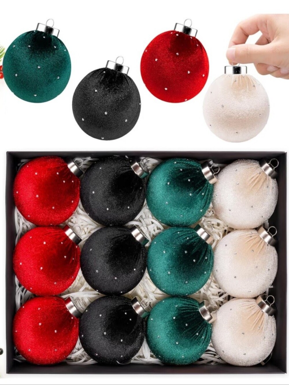 Velvet Red Green Black Cream Sparkle Christmas Ornaments. 12 Piece Set. NWT.